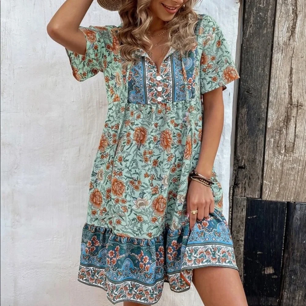 Floral Print Tie Neck Smock Mini Dress - Picture 3 of 7